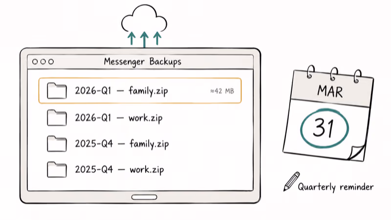 Hand-drawn iCloud Drive folder named Messenger Backups with quarterly reminder calendar and dated archive files