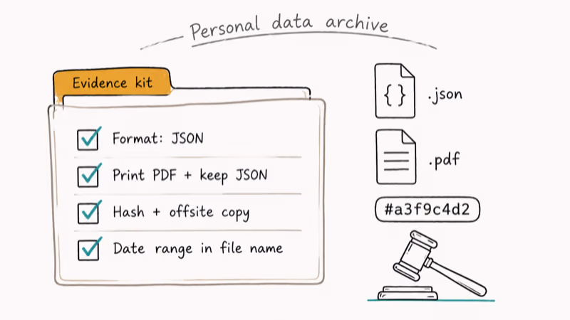 Hand-drawn legal evidence kit with JSON file, PDF, hash, and date range checklist for Messenger