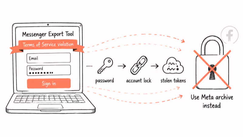 Hand-drawn warning showing third-party Messenger tool demanding password with account lock and stolen token icons