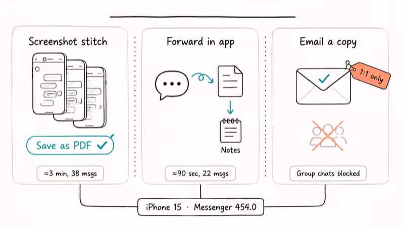 Hand-drawn three-column comparison of screenshot, forward, and email methods for saving one Messenger thread