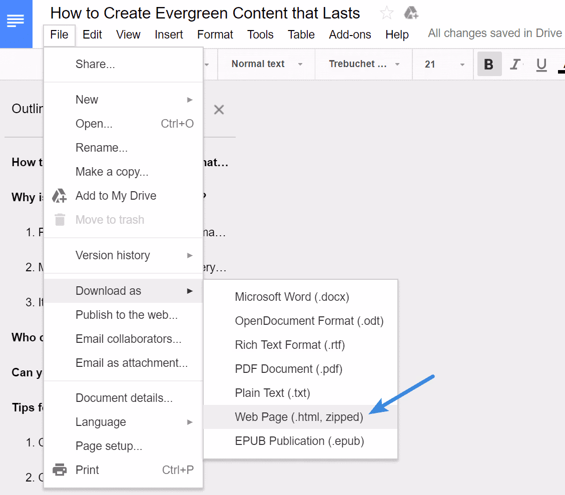 google docs download as web page