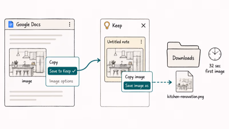 Google Docs right-click menu sending image to Keep sidebar with save dialog