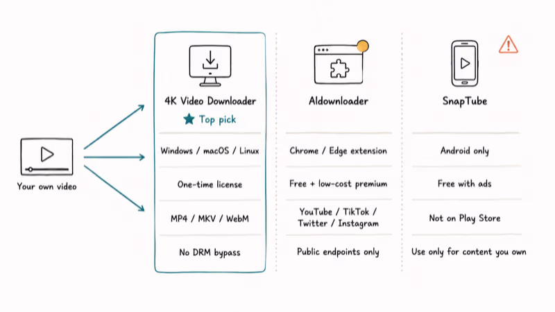 Side-by-side comparison of 4K Video Downloader, Aldownloader, and SnapTube features and platforms