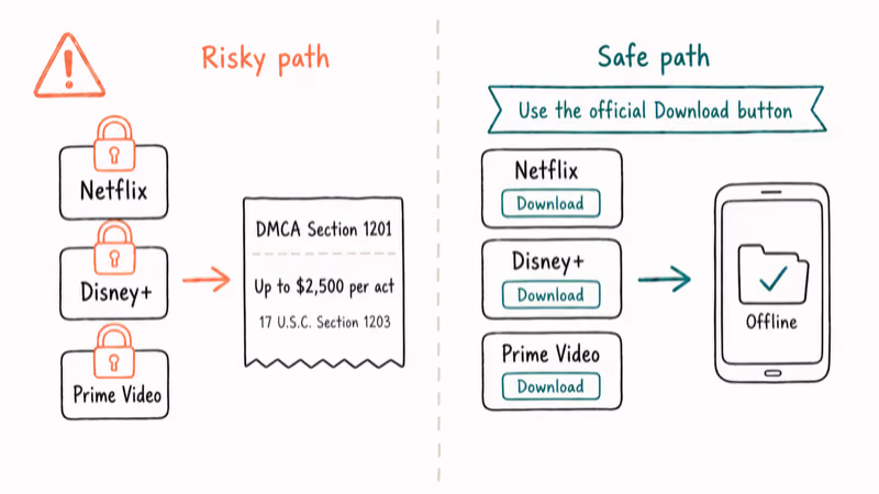 DRM-locked streaming services with civil penalty warning beside official offline download safe path