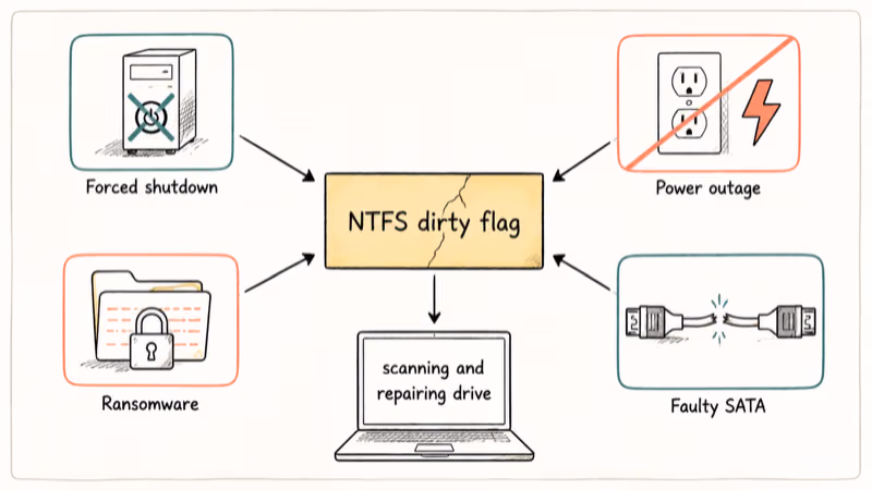 Hand-drawn diagram showing forced shutdown power outage ransomware and faulty SATA causing NTFS corruption