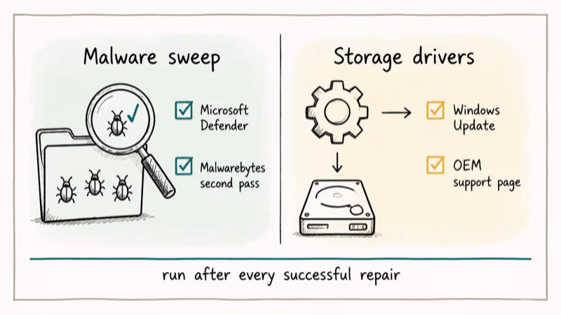 Hand-drawn checklist of malware scans and driver updates to prevent Windows scan repair loop
