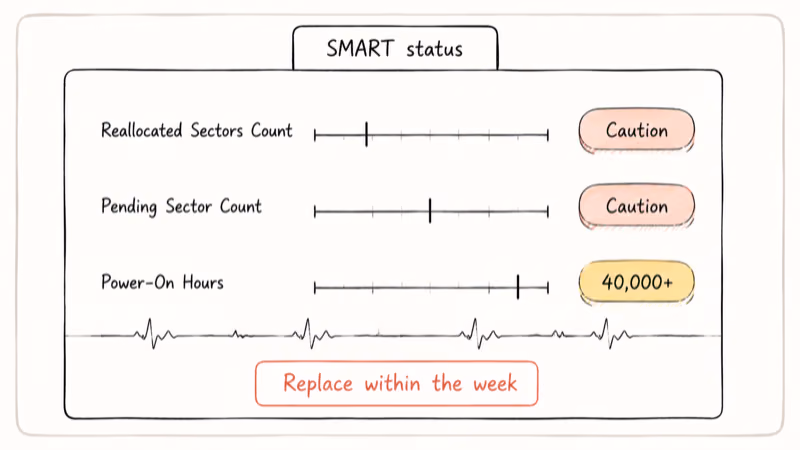 Hand-drawn SMART data card showing reallocated sectors pending sectors and power-on hour warnings