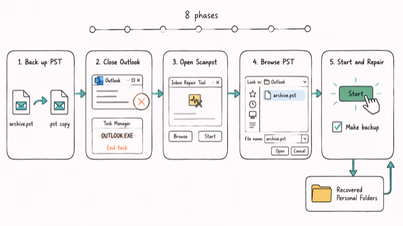 Five-step Scanpst workflow showing backup, close Outlook, browse PST, scan, and repair stages.