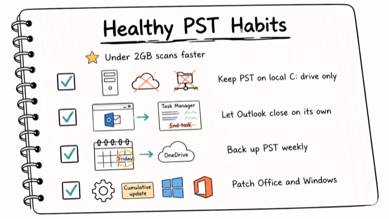 Checklist of habits that keep PST files healthy and prevent Outlook corruption events.