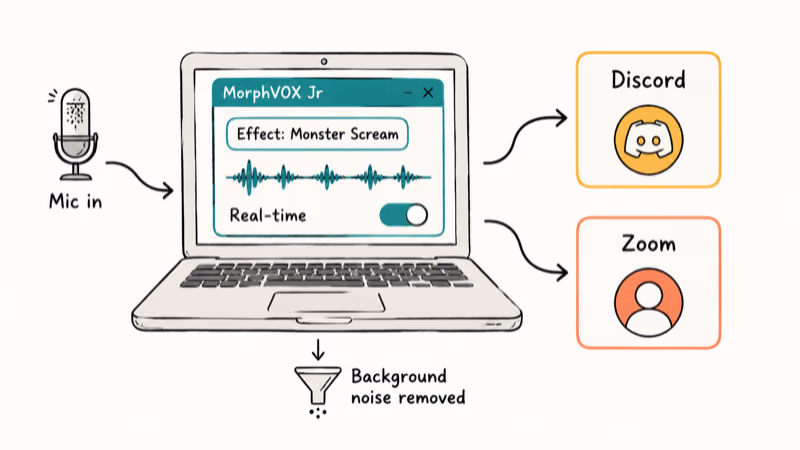 Desktop diagram showing MorphVOX Jr routing scream effect into Discord and Zoom in real time