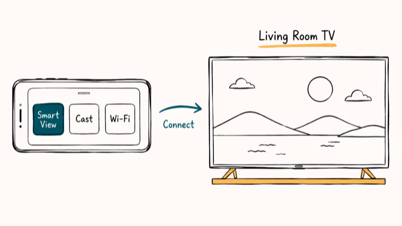 Android phone Quick Settings panel with Smart View tile casting to a smart TV