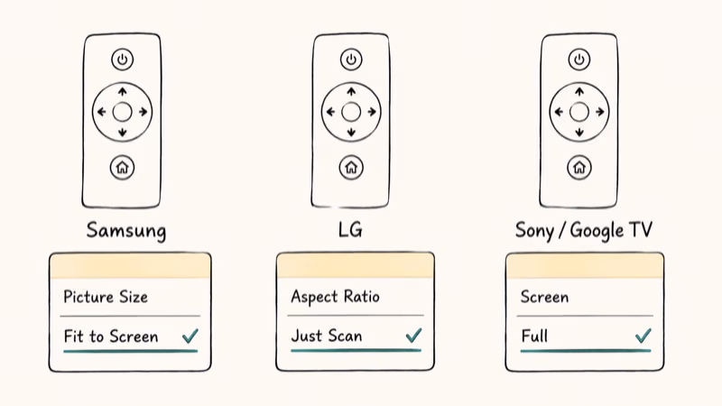 Three TV remote menus showing Samsung Fit to Screen, LG Just Scan, Sony Full settings