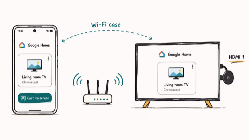 Google Pixel phone casting screen wirelessly to Chromecast on flat-screen TV via Wi-Fi