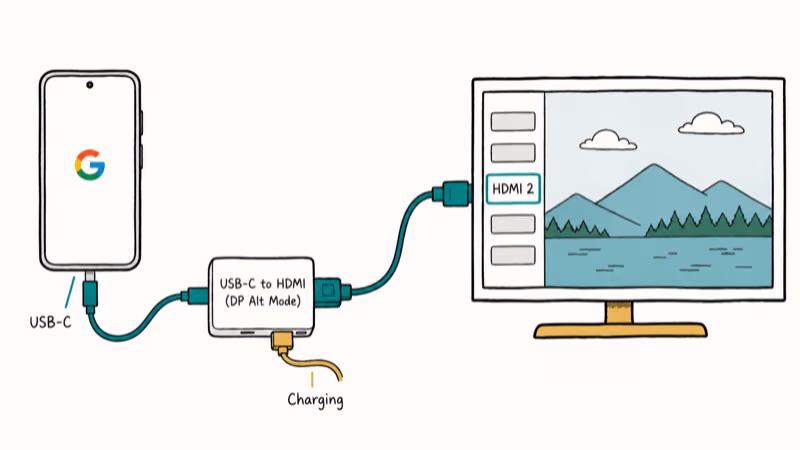 Google Pixel phone connected to TV using a USB-C to HDMI adapter and cable