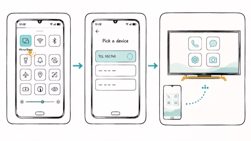 Storyboard showing Huawei EMUI MirrorShare tile, TV picker list, and final mirrored TV screen