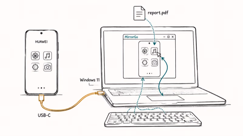 Huawei phone connected by USB-C to Windows laptop running MirrorGo with file drag and keyboard