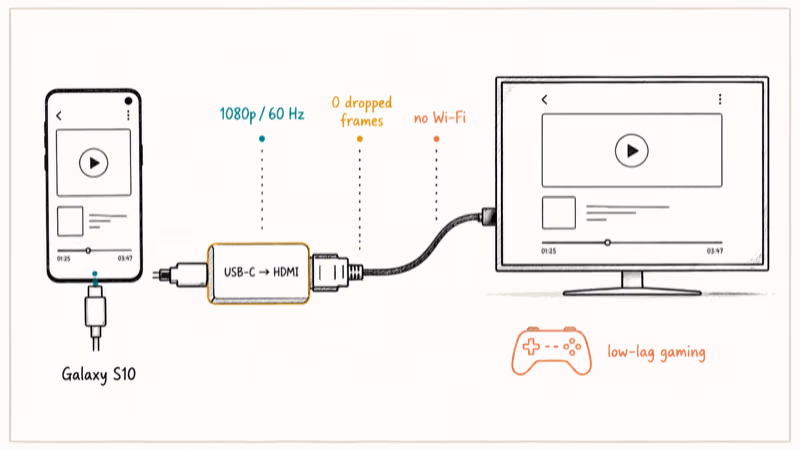 USB-C to HDMI adapter linking Galaxy S10 to a TV showing duplicated screen output