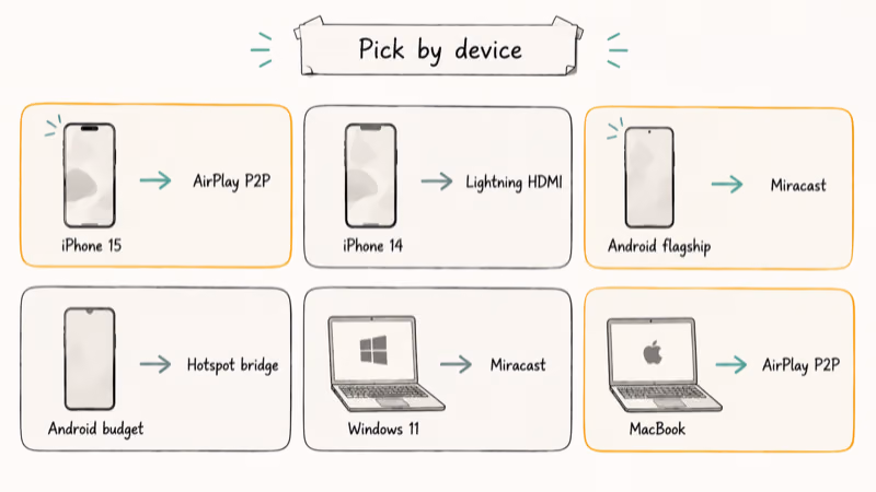 Grid matching iPhone Android Windows and Mac devices to their best screen mirroring method