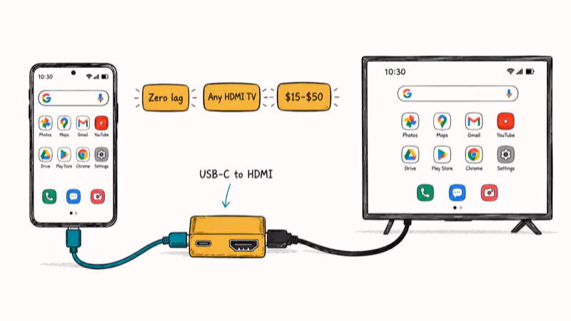 USB-C to HDMI adapter linking a phone and a TV mirror display