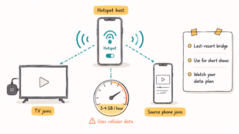Mobile phone broadcasting a hotspot that links a TV and another phone for mirroring