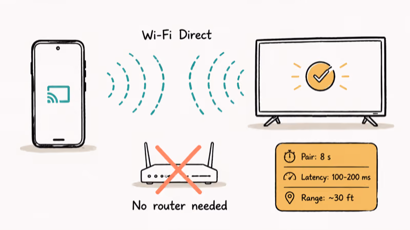 Android phone linking directly to a TV through Miracast with no router involved