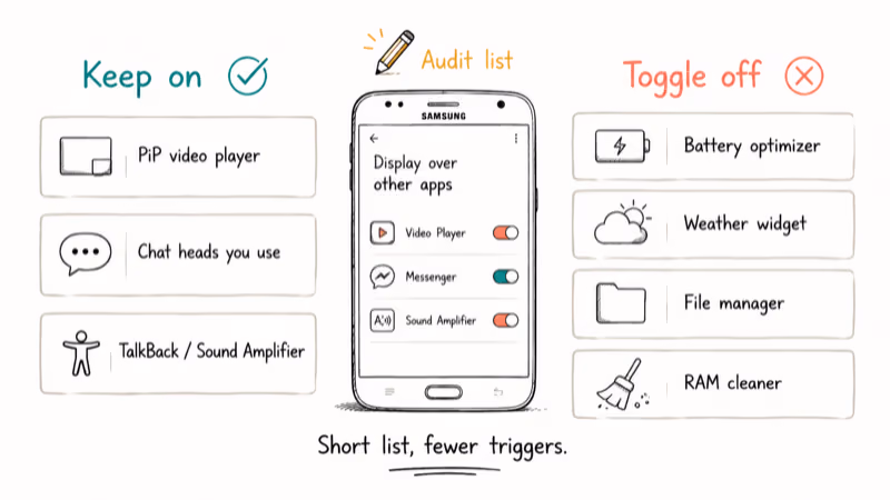 Two-column checklist comparing apps to keep with overlay permission versus apps to toggle off on
