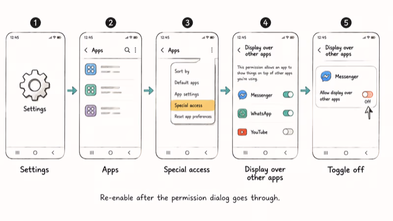 Five-step flowchart of the Samsung Settings menu path to disable display over other apps.
