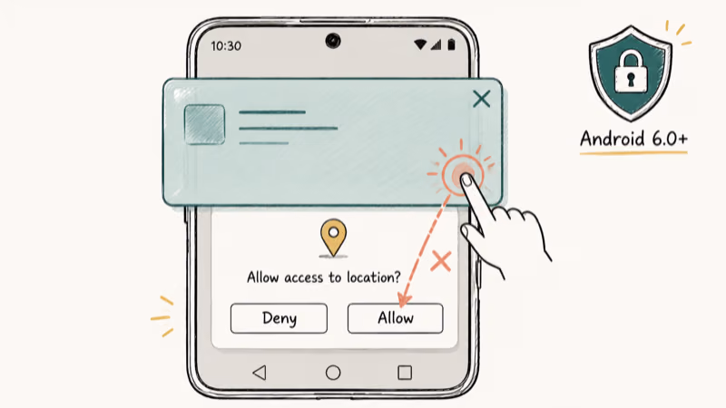 Diagram showing how an Android overlay can intercept taps on a permission dialog before security