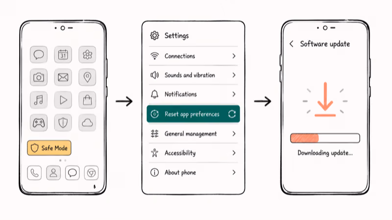 Three escalation steps for stubborn Android overlay errors Safe Mode reset preferences software update