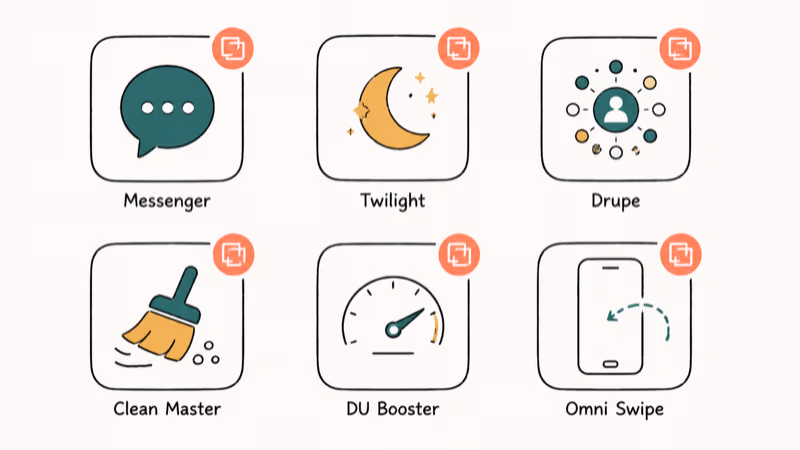 Grid of six common Android apps that trigger Screen Overlay Detected including Messenger and Twilight