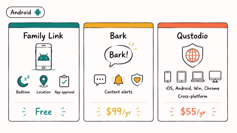Three hand-drawn cards comparing Google Family Link, Bark, and Qustodio parental control apps for Android families
