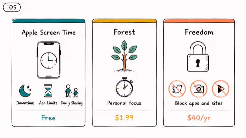 Three hand-drawn cards comparing Apple Screen Time, Forest focus app, and Freedom blocker for iPhone users