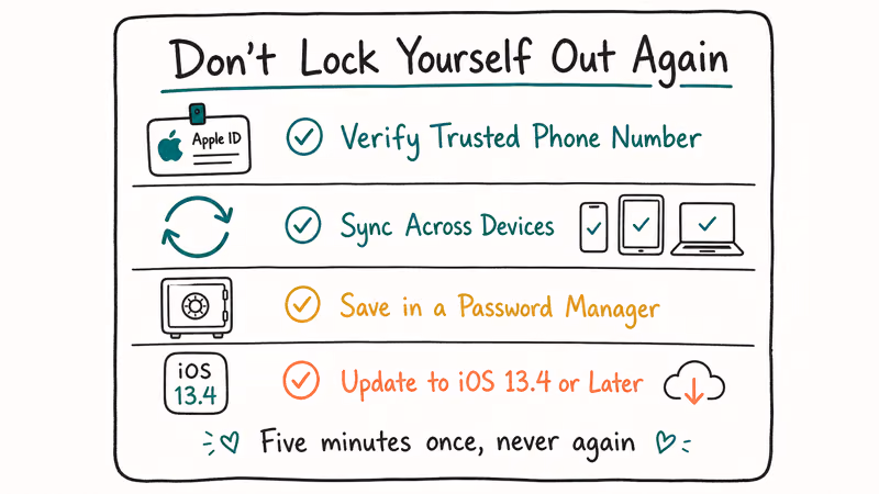 Four-row prevention card with Apple ID trusted number sync password manager and iOS update tips.