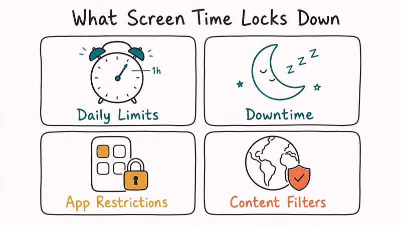 Four-card grid showing Screen Time domains including limits downtime app restrictions and content filters.