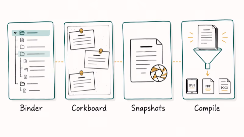 Four Scrivener pillars Binder Corkboard Snapshots and Compile shown as hand-drawn cards with icons