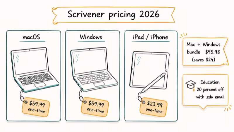 Scrivener pricing across Mac Windows and iPad with bundle savings and educational discount tags