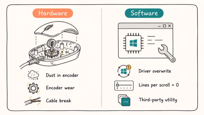 Card comparing hardware causes like dust and encoder wear with software causes like driver overwrites