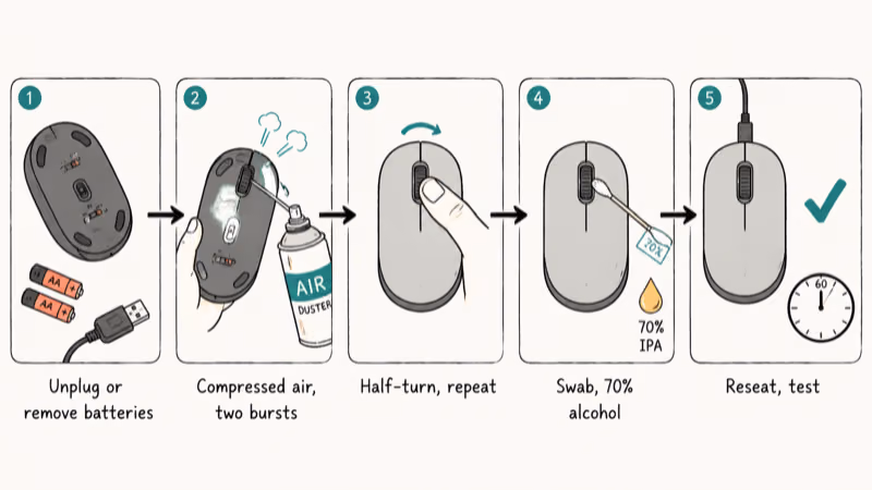 Five-frame flow showing compressed air bursts swab cleaning and reseat after isopropyl alcohol drying.
