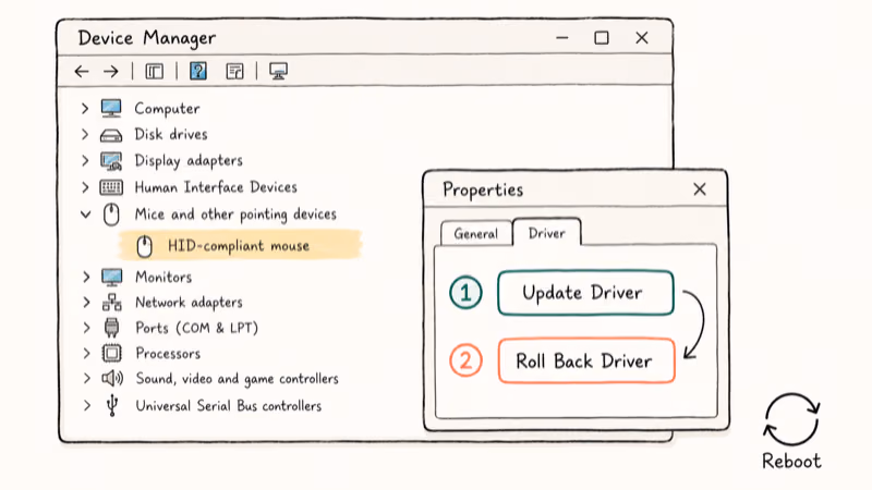 Device Manager window highlighting Update Driver and Roll Back Driver buttons with reboot reminder.