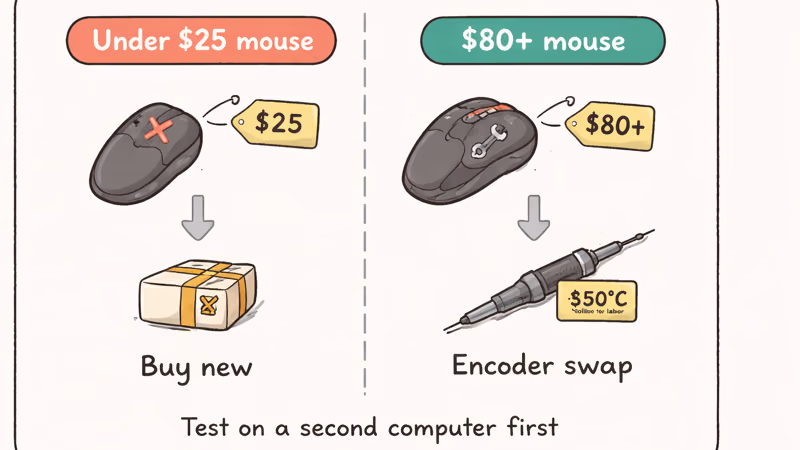 Decision card showing buy new under twenty five dollars versus encoder repair on premium mouse.
