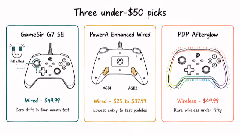 Hand-drawn lineup of GameSir G7 SE PowerA Enhanced Wired and PDP Afterglow budget controllers