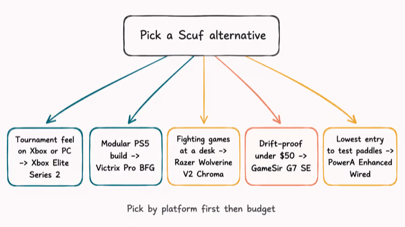 Hand-drawn decision tree routing tournament fighting and budget players to specific Scuf alternative controllers
