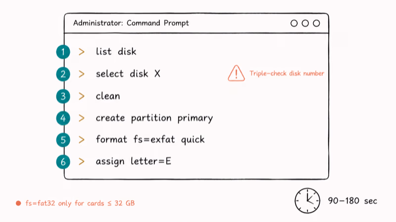 Command Prompt showing Diskpart six step sequence to clean and format an SD card.