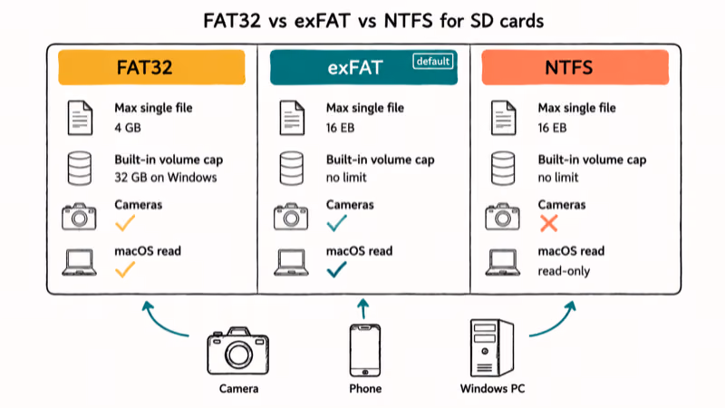 Comparison chart of FAT32 exFAT and NTFS file system size limits and device compatibility.