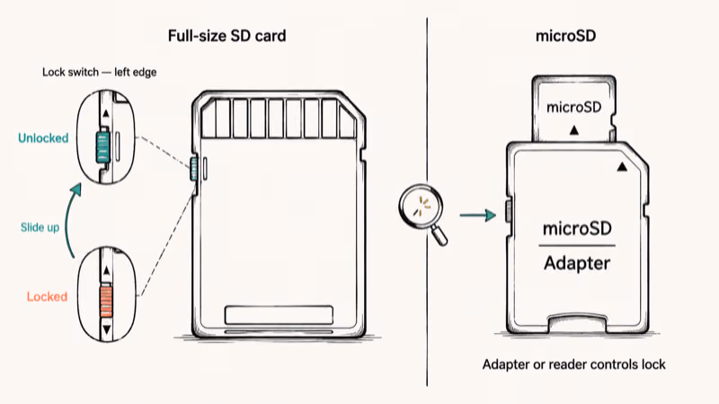 Close-up of SD card lock switch positions and microSD adapter lock switch location highlighted.