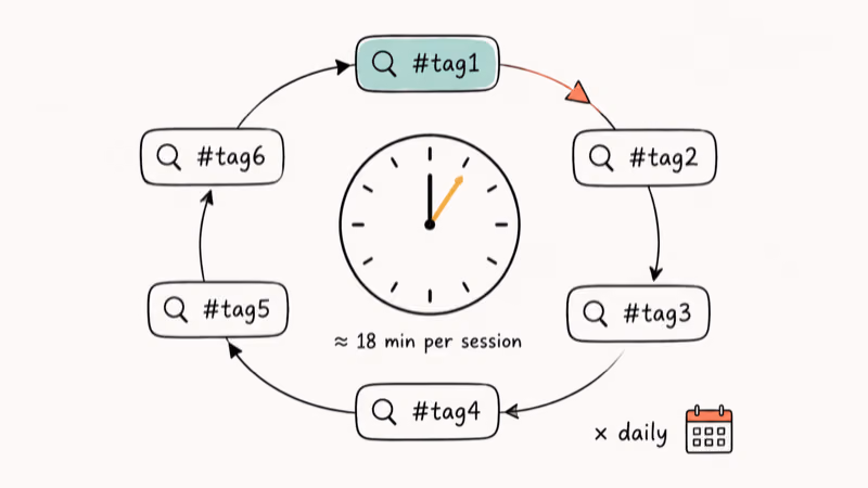Circular hashtag search loop with central clock showing eighteen minute manual session across six tags