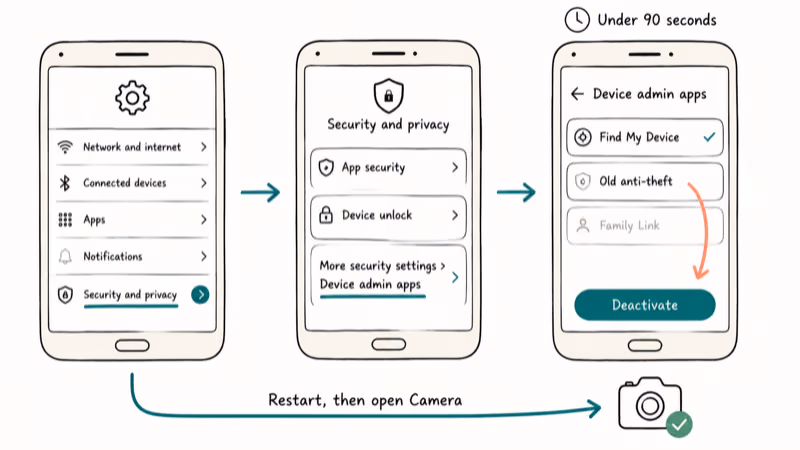 Three Android Settings screens walking through Security Device Admin Apps deactivate flow