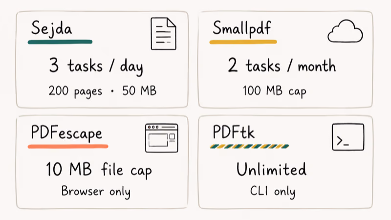 Hand-drawn comparison of Sejda Smallpdf PDFescape PDFtk free-tier task and file ceilings
