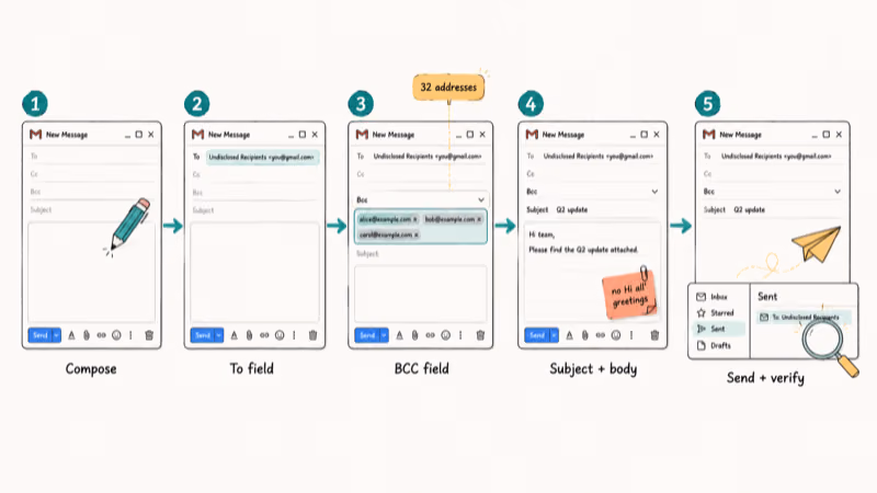 Five-step hand-drawn flowchart for composing a Gmail BCC undisclosed recipients message
