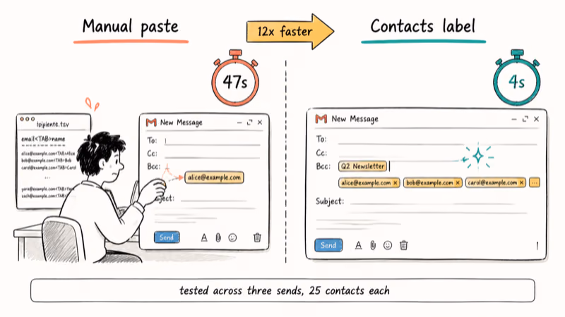 Side by side comparison showing 47 seconds manual paste versus 4 seconds with a contact